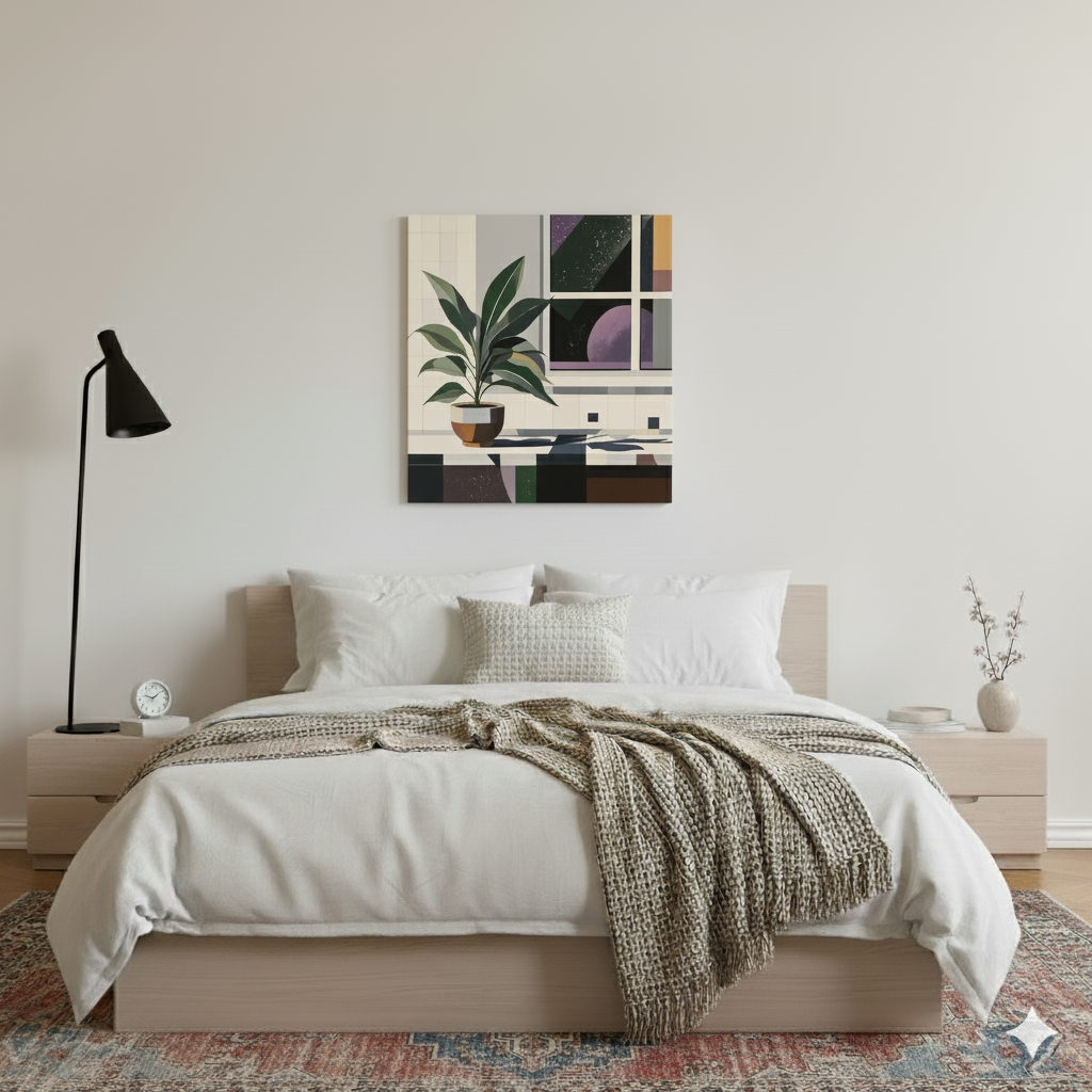 A bauhaus canvas of a green plant in a pot on a white blocky windowsill, a black and purple starry night out the window, in a bright bedroom with distressed rug
