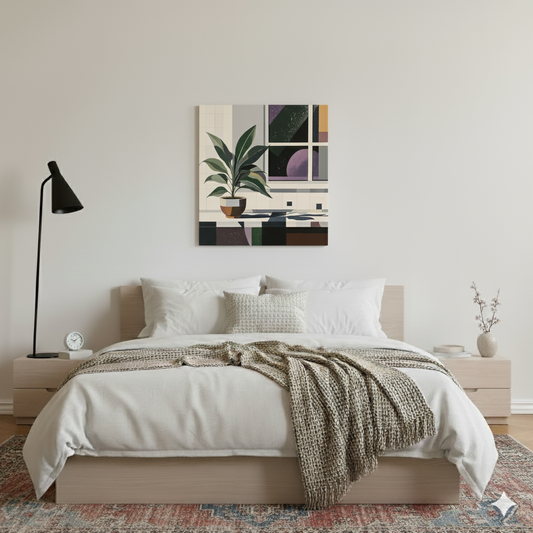 A bauhaus canvas of a green plant in a pot on a white blocky windowsill, a black and purple starry night out the window, in a bright bedroom with distressed rug