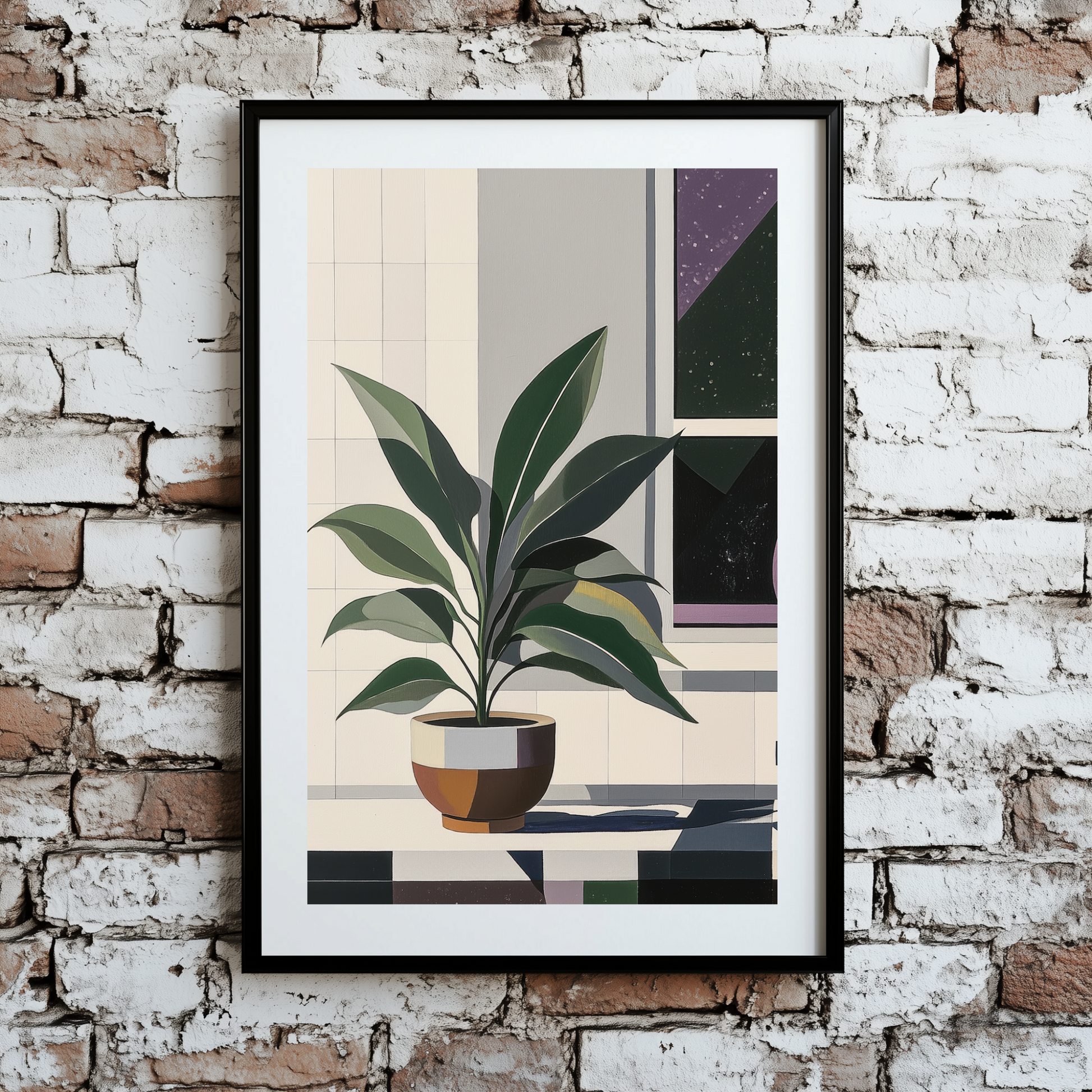 A bauhaus print of a green plant in a pot on a white blocky windowsill, a black and purple starry night out the window, framed on a brick wall.