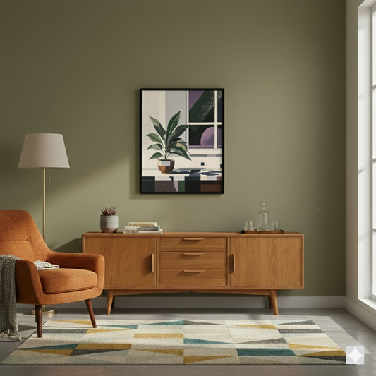 A bauhaus print of a green plant in a pot on a white blocky windowsill, a black and purple starry night out the window, in a cosy midcentury room