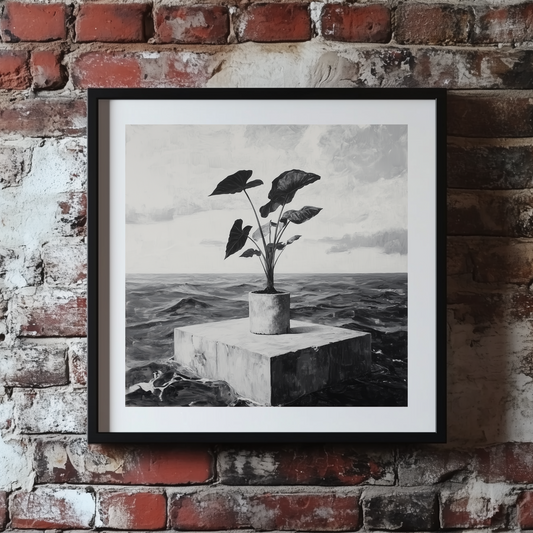 A black and white surreal print of a potted plant on a concrete platform in the middle of the sea, framed on a brick wall.