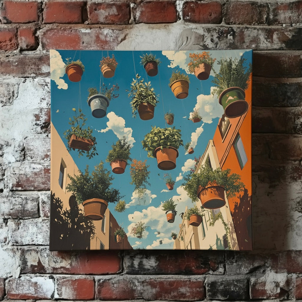 A surreal canvas of potted plants floating above a colourful street with a blue sky above, mounted on a red brick wall