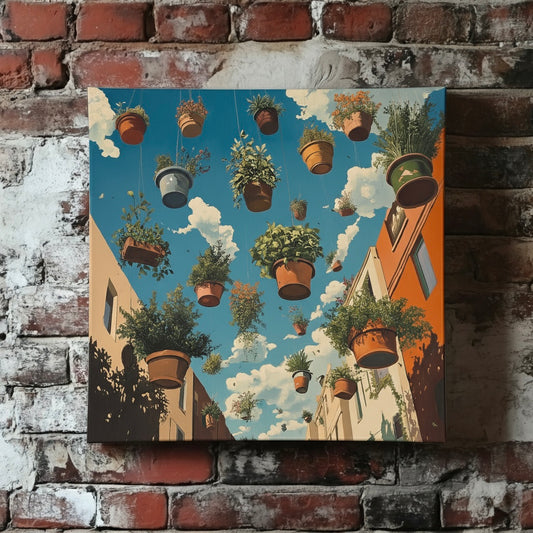 A surreal canvas of potted plants floating above a colourful street with a blue sky above, mounted on a red brick wall