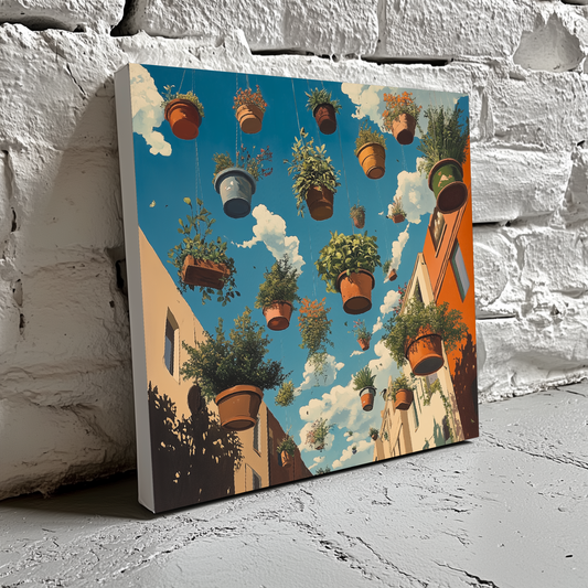 A surreal canvas of potted plants floating above a colourful street with a blue sky above, resting on a brick wall. 