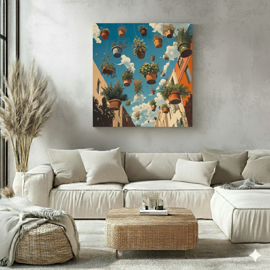 A surreal canvas of potted plants floating above a colourful street with a blue sky above, in a bright neutral boho living room