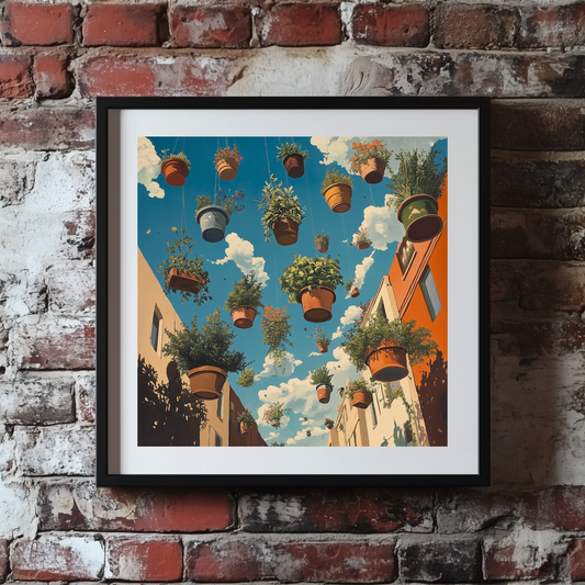 A surreal print of potted plants floating above a colourful street with a blue sky above, framed on a brick wall. 