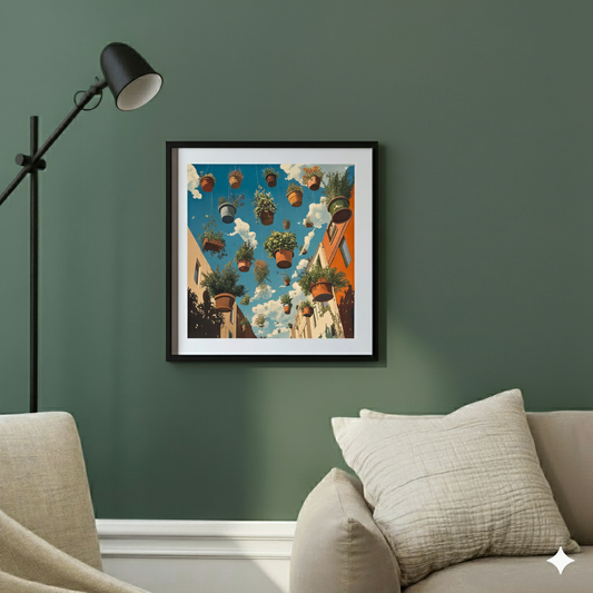 A surreal print of potted plants floating above a colourful street with a blue sky above, in a contemporary sunlit living room