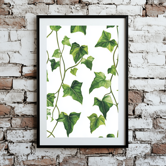 A delicate and bright print of a trailing green ivy with detailed leaves and vines on a white background, framed on a brick wall.