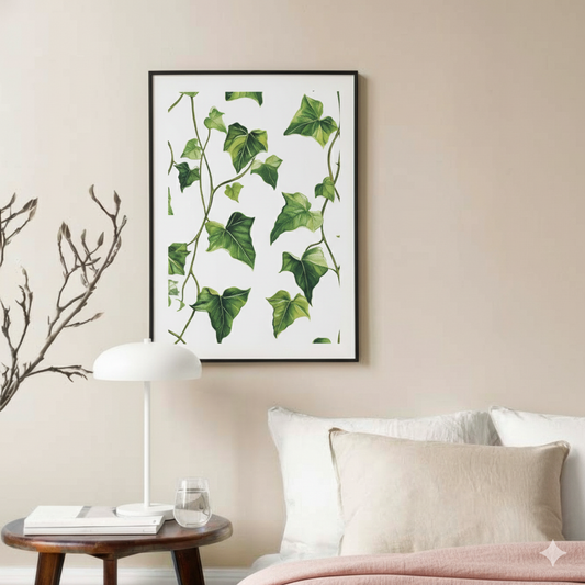 A delicate and bright print of a trailing green ivy with detailed leaves and vines on a white background, in a light and airy bedroom