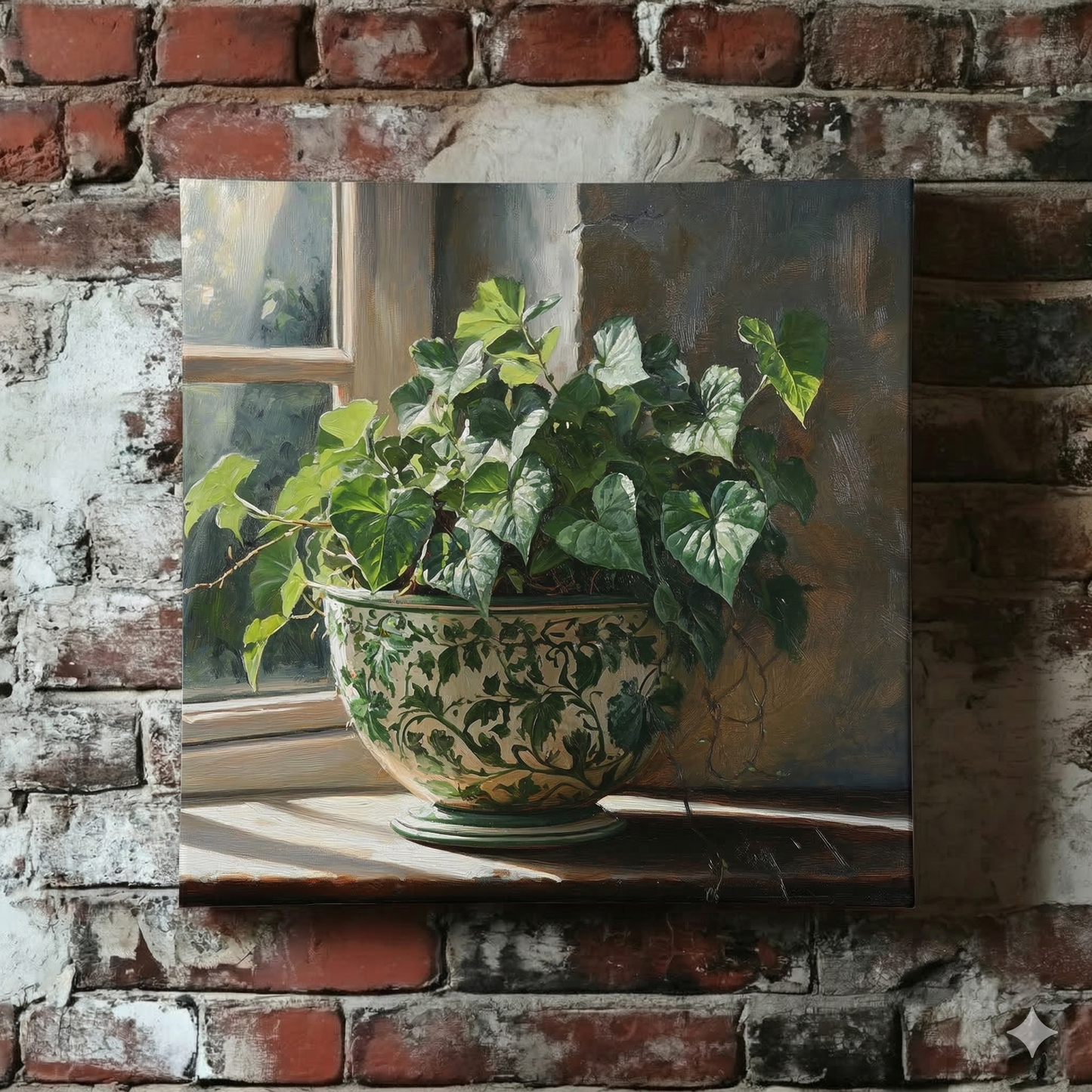 A Plantish oil canvas print of a green ivy plant potted in a decorative ceramic pot and placed on a sunny windowsill, shown hanging on a red brick wall.