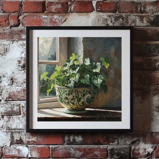 A Plantish oil style print of a green ivy plant potted in a decorative ceramic pot and placed on a sunny windowsill, shown hanging on a red brick wall.