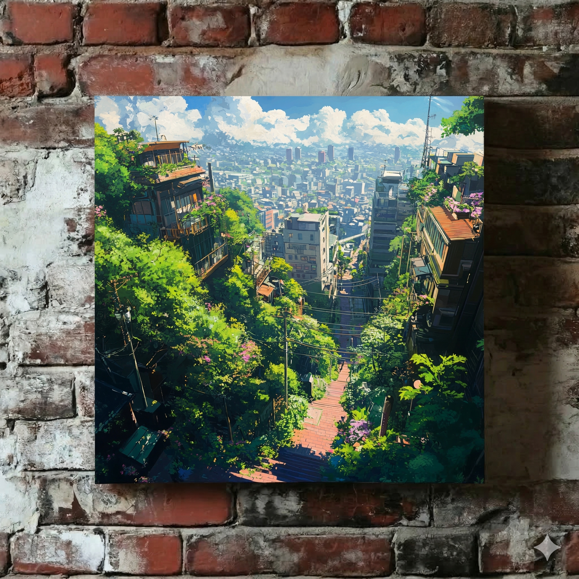 A Plantish canvas showing a quiet overgrown city suburb with skyscrapers visible in the distance, hanging on a red brick wall.