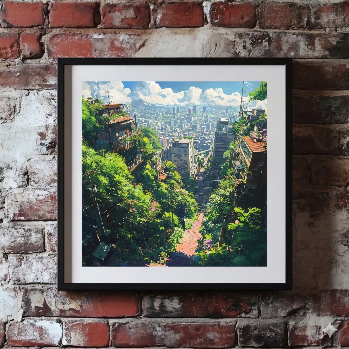 A Plantish print showing a quiet overgrown city suburb with skyscrapers visible in the distance, hanging on a red brick wall.