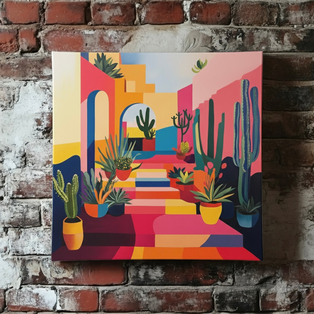 A bold and vibrant canvas of a multicoloured house exterior and steps with green desert plants in pots, mounted on a red brick wall