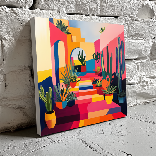 A bold and vibrant canvas of a multicoloured house exterior and steps with green desert plants in pots, resting on a brick wall. 