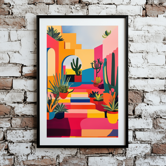 A bold and vibrant print of a multicoloured house exterior and steps with green desert plants in pots, framed on a brick wall. 