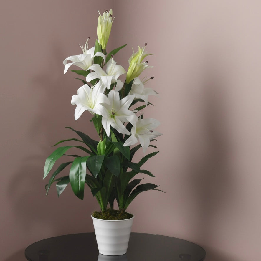 The Plantish artificial lily, shown in the white colour variant on a dark wood table. It is against a taupe wall which highlights the detail of the flowers.