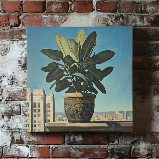 A moody canvas of a green rubber plant in an ornate pot on a city rooftop with a cool blue skyline, mounted on a red brick wall