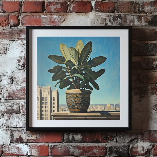 A moody print of a green rubber plant in an ornate pot on a city rooftop with a cool blue sky, framed on a brick wall.