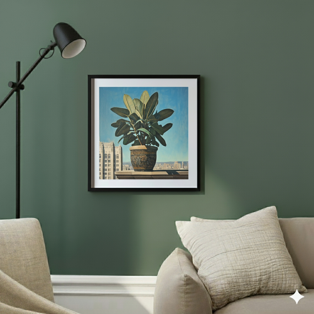 A moody print of a green rubber plant in an ornate pot on a city rooftop with a cool blue skyline, in a contemporary sunlit living room