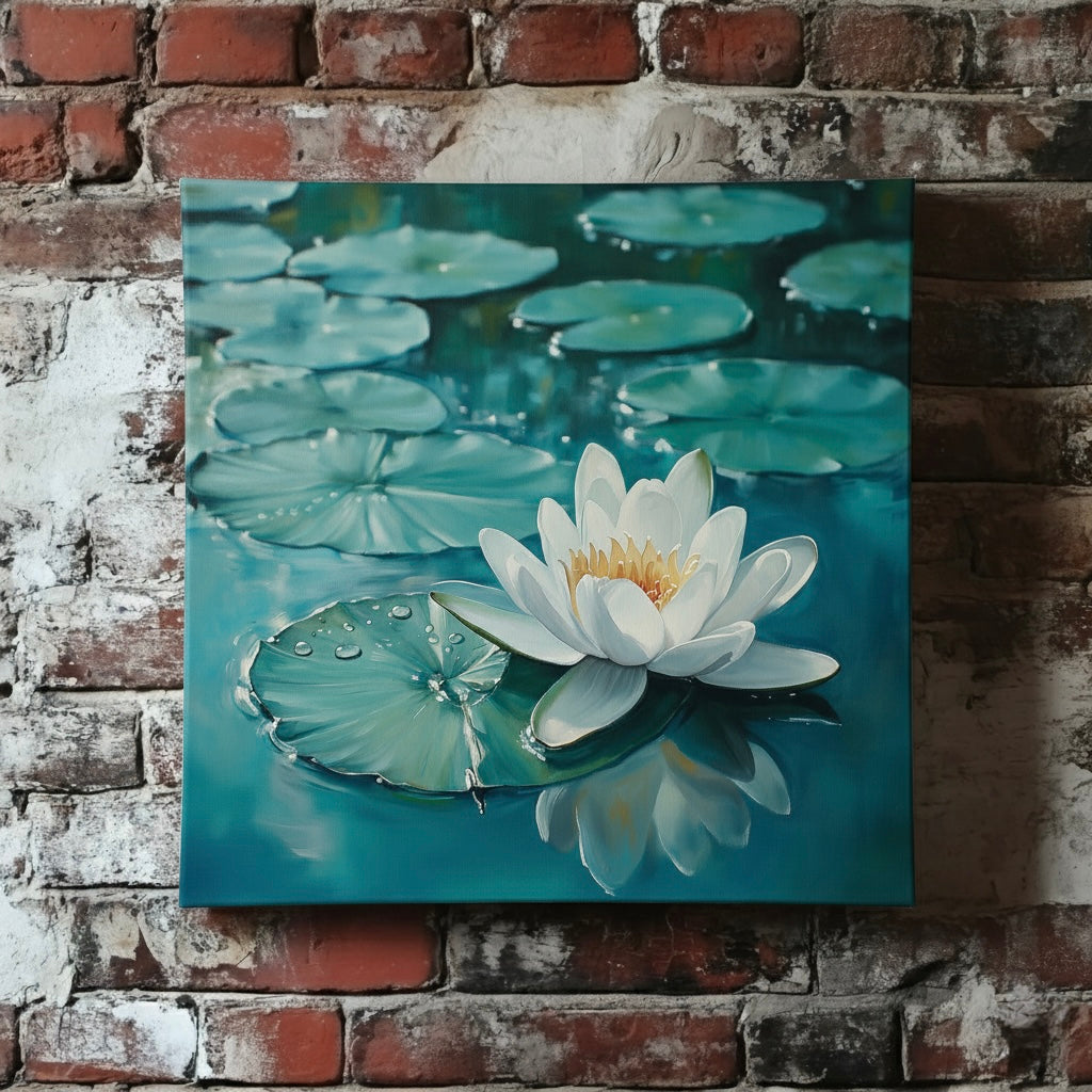 A calm and vibrant oil canvas of a white flower and green lily pads on still blue water, mounted on a red brick wall