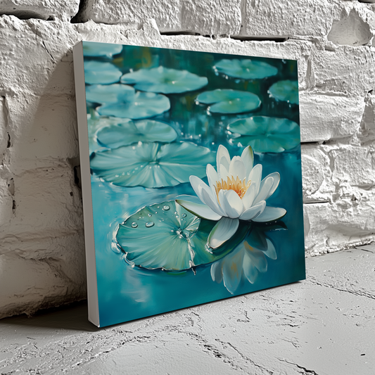 A calm and vibrant oil canvas of a white flower and green lily pads on still blue water, resting on a brick wall. 