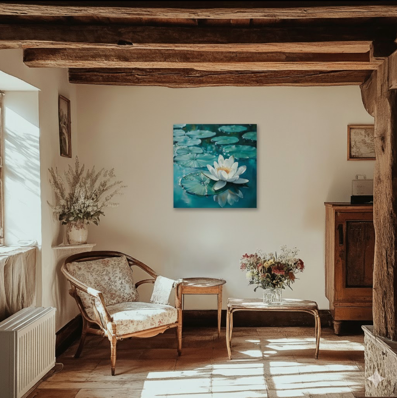 A calm and vibrant oil canvas of a white flower and green lily pads on still blue water, in a sunlit rustic cottage