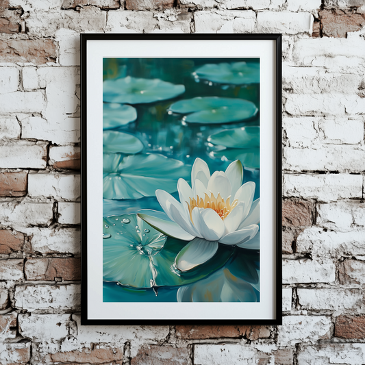A calm and vibrant oil print of a white flower and green lily pads on still blue water, framed on a brick wall. 