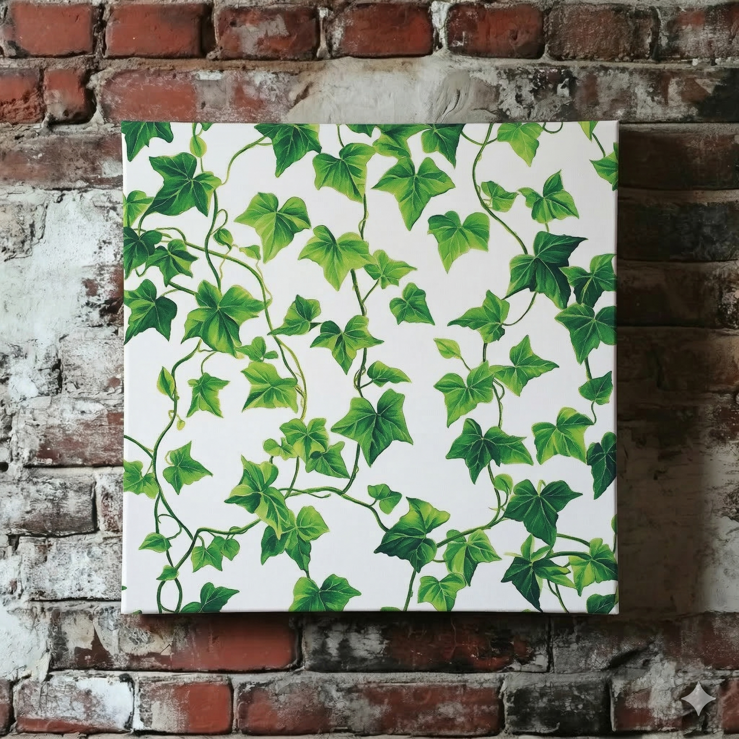 A vibrant Plantish canvas of trailing green ivy in the style of a screen print against a white background, shown hanging on a red brick wall.
