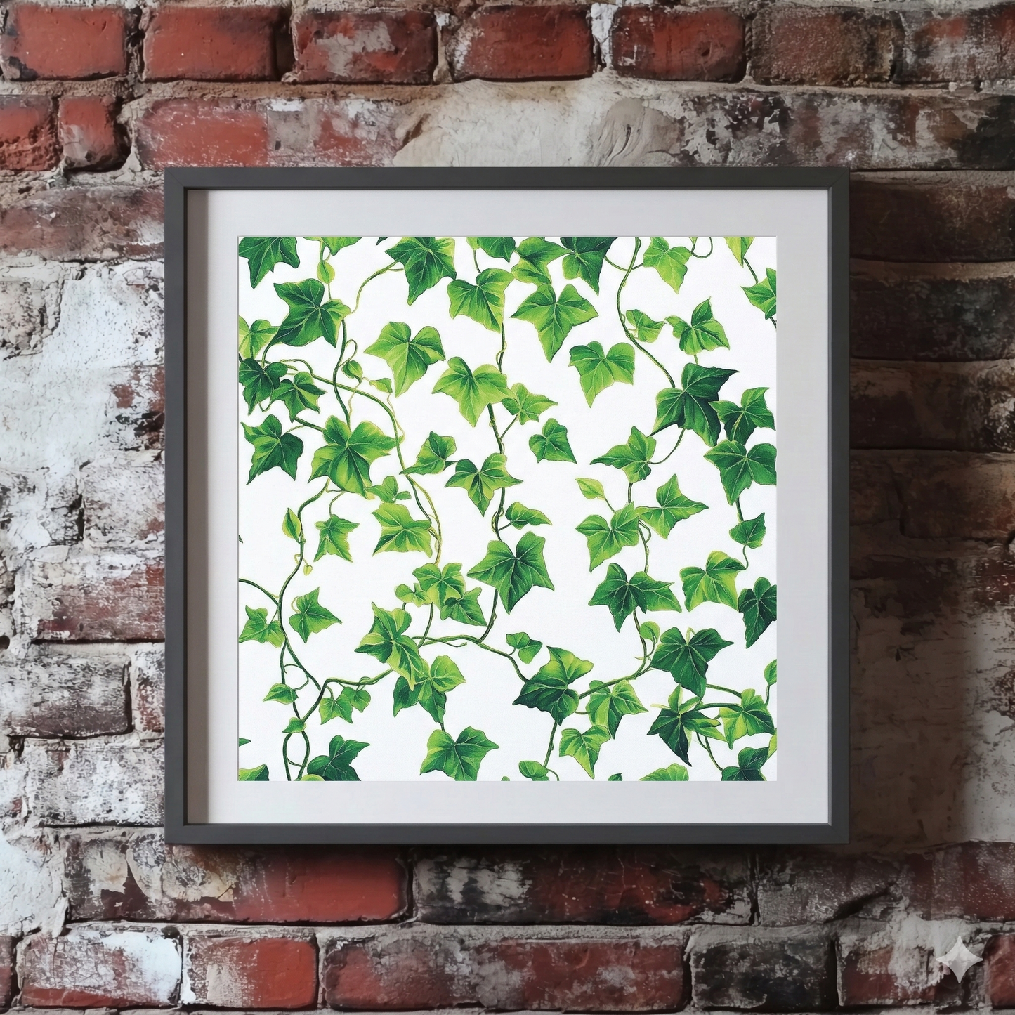 A vibrant Plantish print of trailing green ivy in the style of a screen print against a white background, shown hanging on a red brick wall.