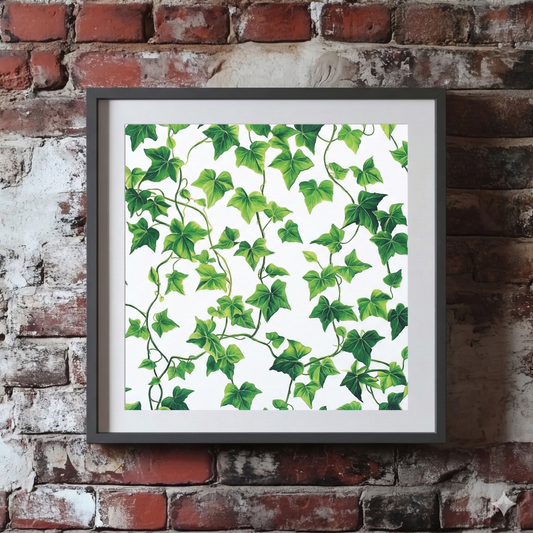 A vibrant Plantish print of trailing green ivy in the style of a screen print against a white background, shown hanging on a red brick wall.