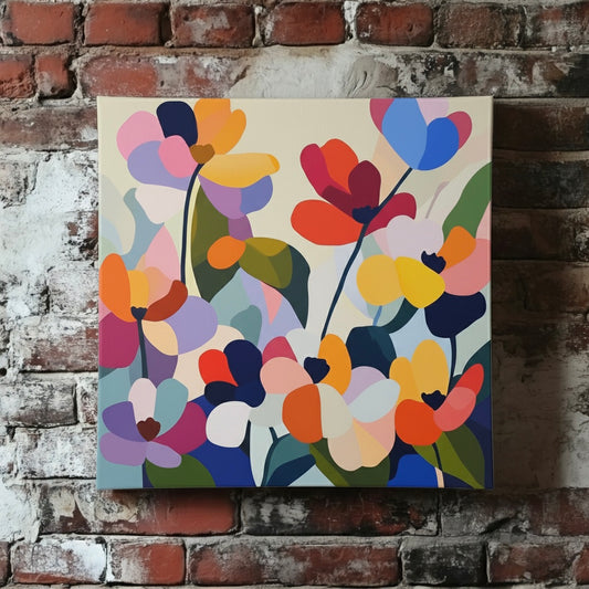 An abstract arty canvas of vivid multicoloured poppies with a white background, mounted on a red brick wall