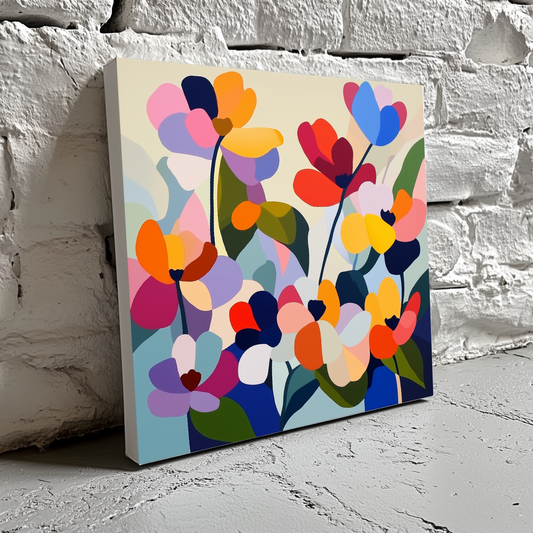 An abstract arty canvas of vivid multicoloured poppies with a white background, resting on a brick wall. 