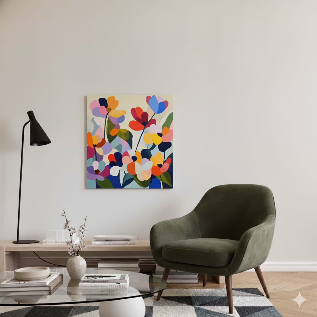 An abstract arty canvas of vivid multicoloured poppies with a white background, in a bright scandinavian living room 
