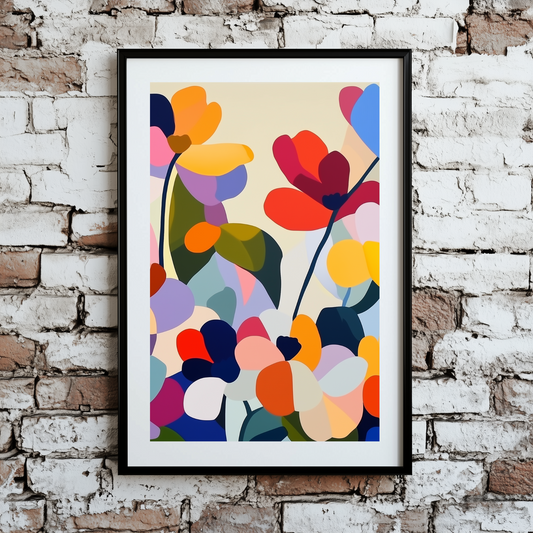 An abstract arty print of multicoloured poppies with a white background, framed on a brick wall. 