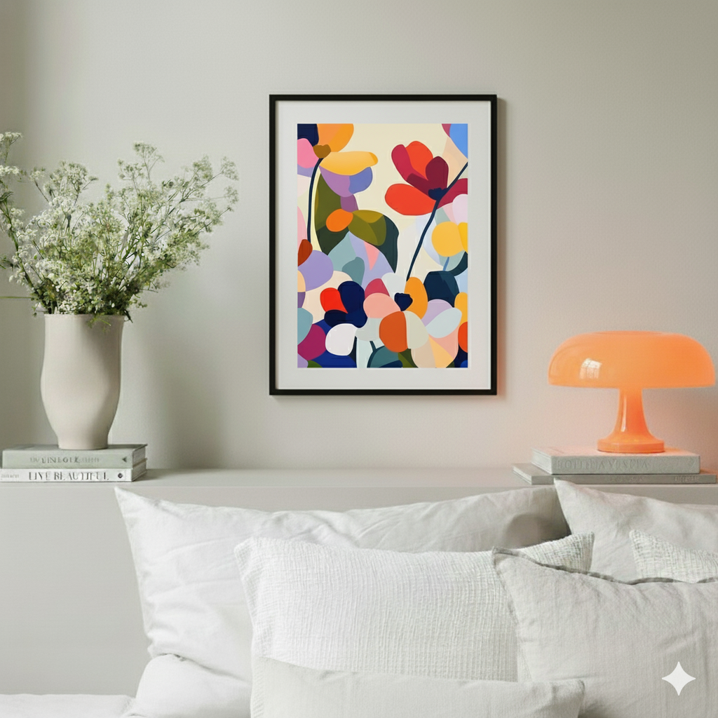 An abstract arty print of vivid multicoloured poppies with a white background, in a cosy neutral bedroom