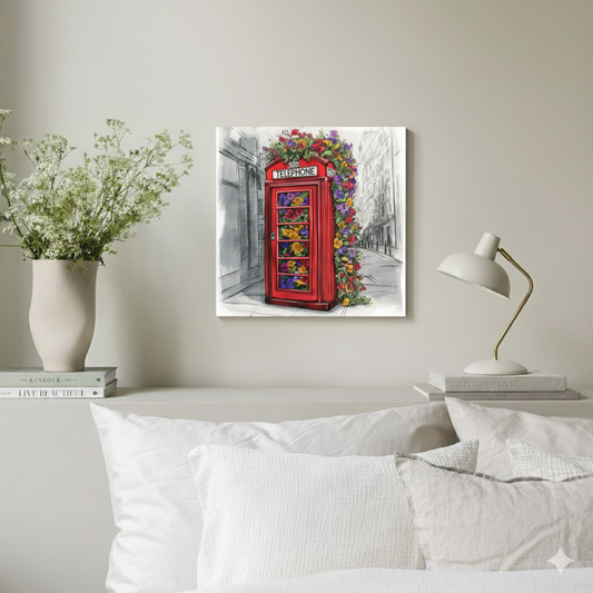 A line sketch canvas of a British red London phone box full of bright flowers on a black and white street, in a neutral bedroom