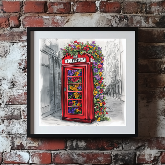 A line sketch print of a British red London phone box full of bright flowers on a black and white street, framed on a brick wall.