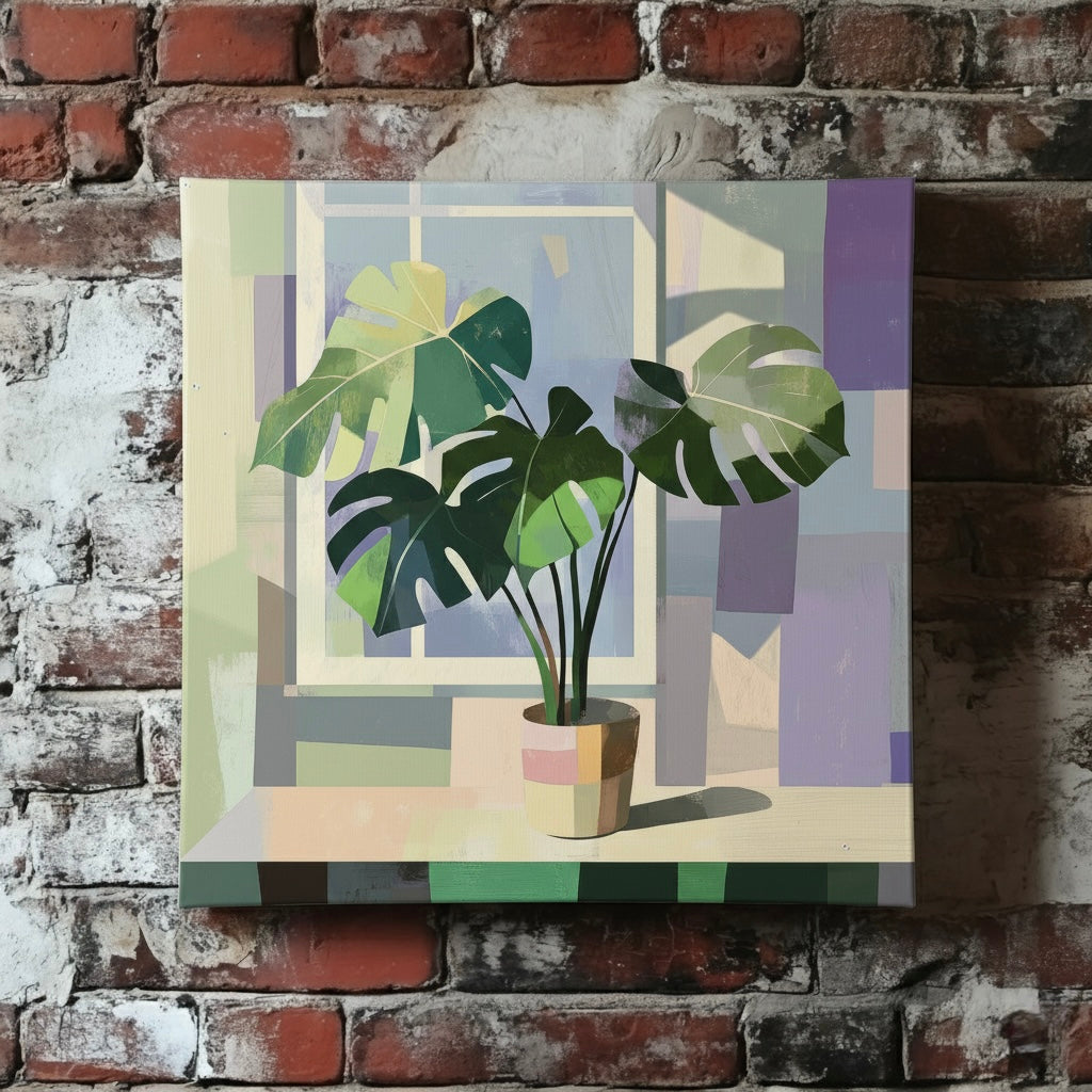 A bright and blocky canvas of a potted green monstera in a pot on a green, purple and white windowsill, mounted on a red brick wall
