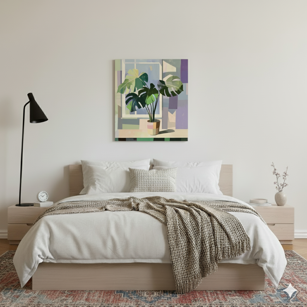 A bright and blocky canvas of a potted green monstera in a pot on a green, purple and white windowsill, in a bright bedroom with distressed rug