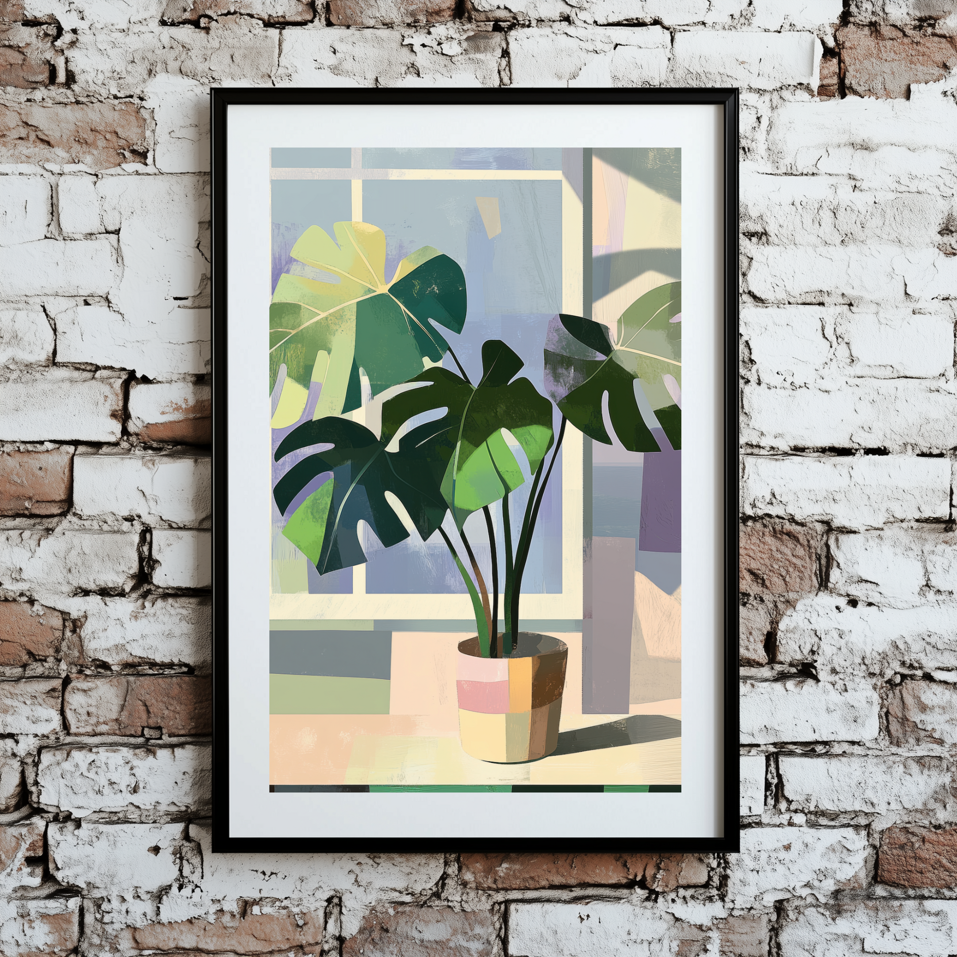 A bright and blocky print of a potted green monstera in a pot on a green, purple and white windowsill, framed on a brick wall. 