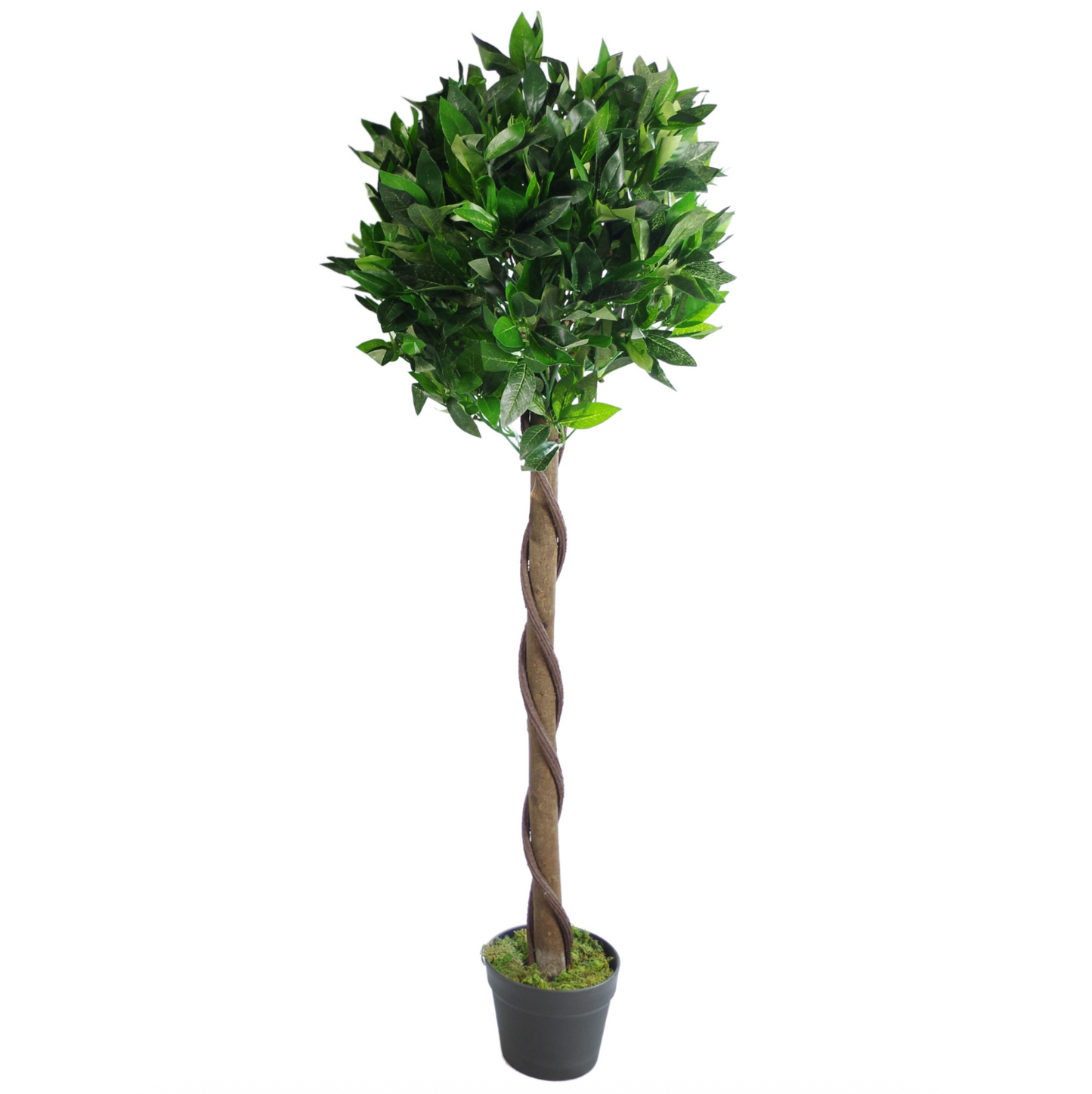 The Plantish artificial laurel ball tree shown against a plain white background, highlighting the green leaves, twisted trunk, and black plastic pot.