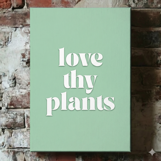 A Plantish canvas of the phrase "Love Thy Plants" in a white font with green background, shown hanging on a red brick wall.
