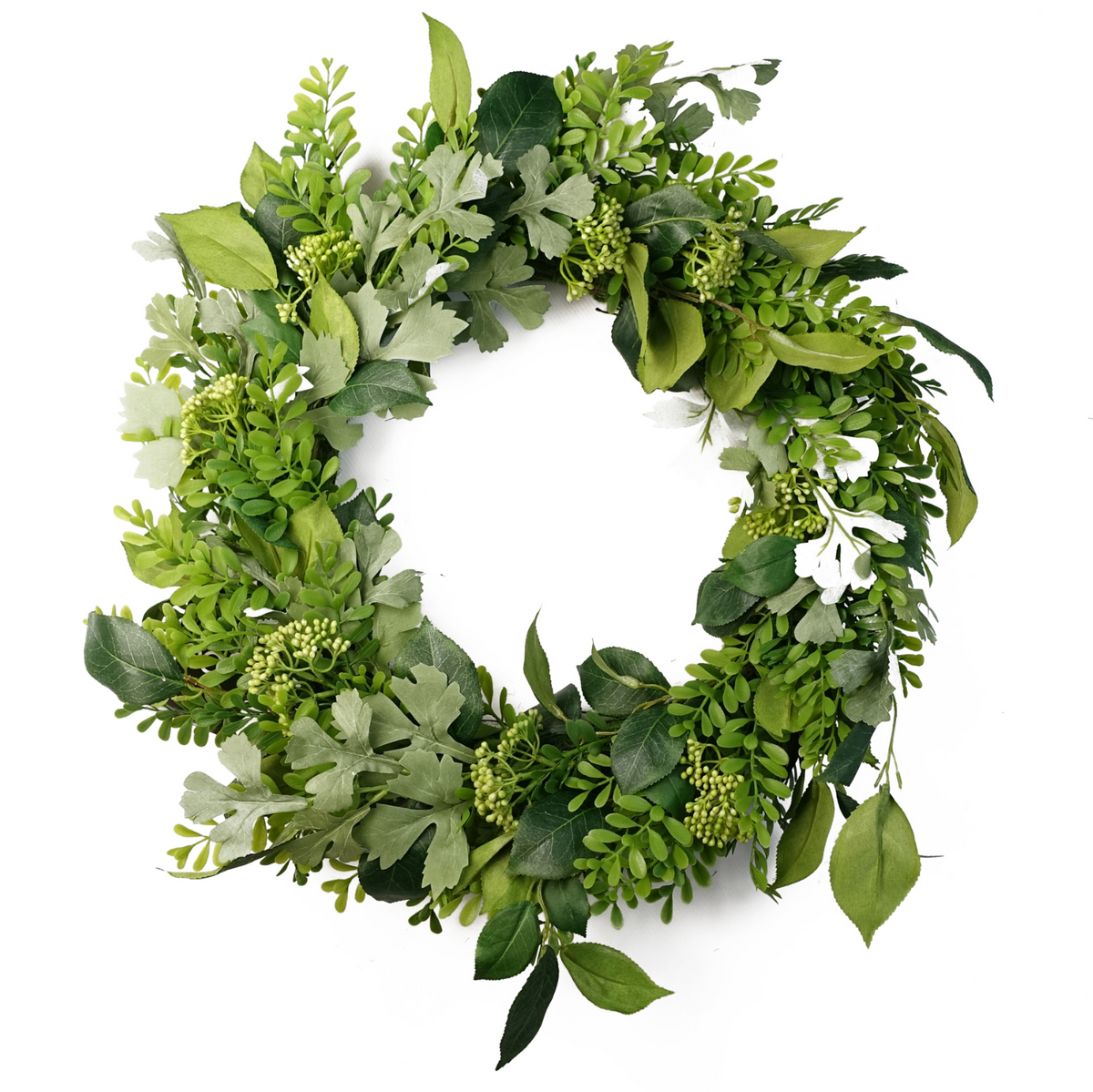 The Plantish 50cm Lush Green Foliage Wreath shown front-on, showcasing the mixed green woodland leaves and berries in the design.
