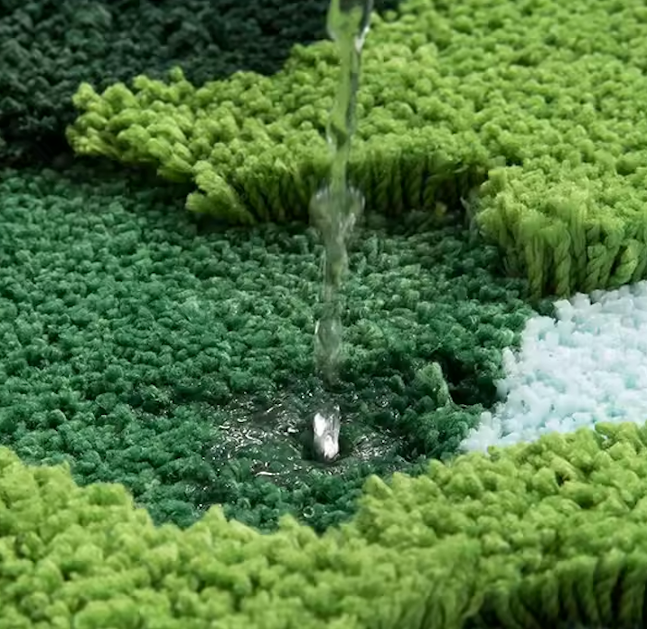 A close up image of the Plantish Lush Moss Rug, showing water being poured onto it to signify its suitability for use in bathrooms.