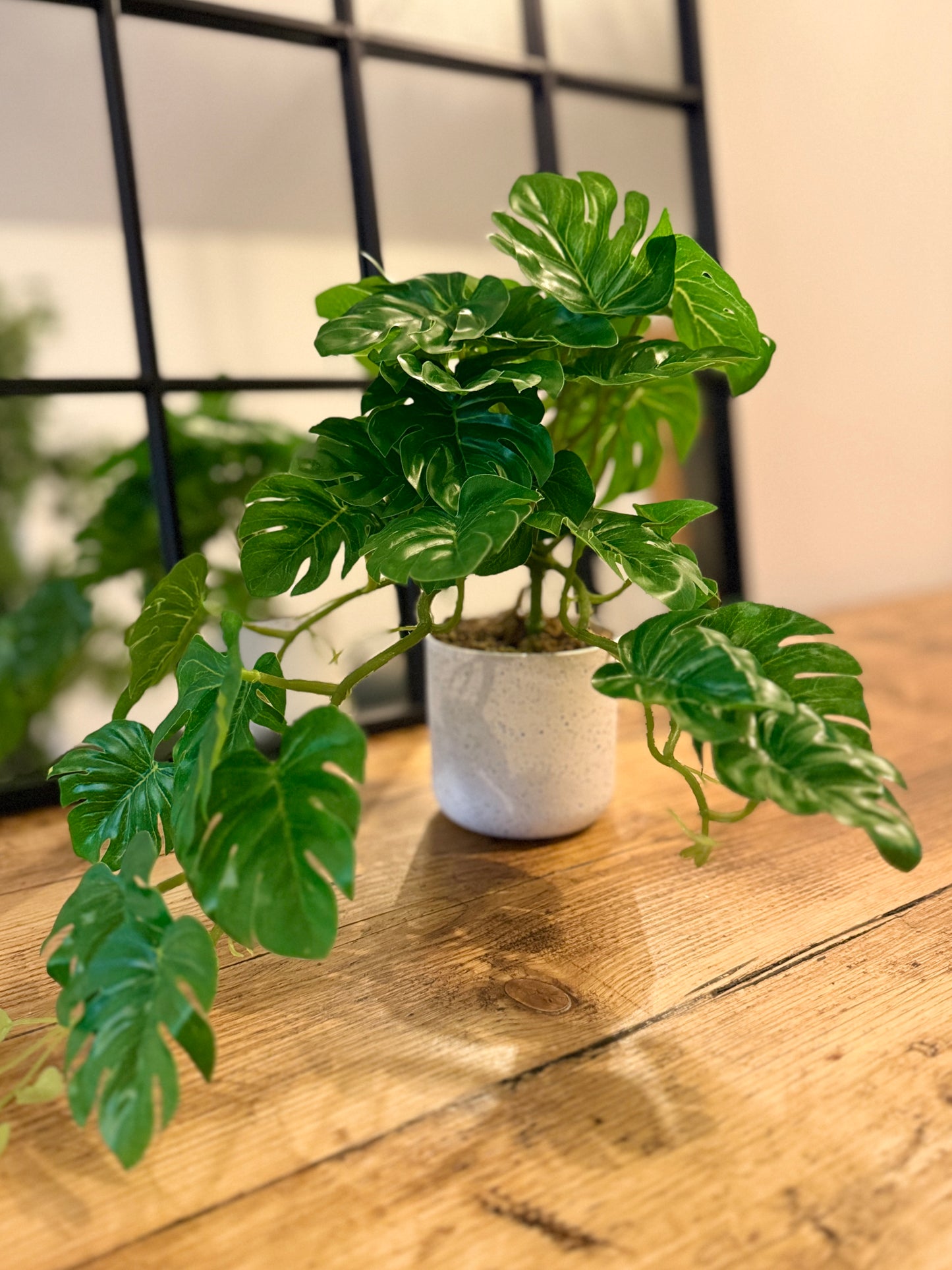 Front view of the Plantish artificial Little Monstera, featuring lush, deep green leaves and realistic stems, potted in a white decorative plastic pot.