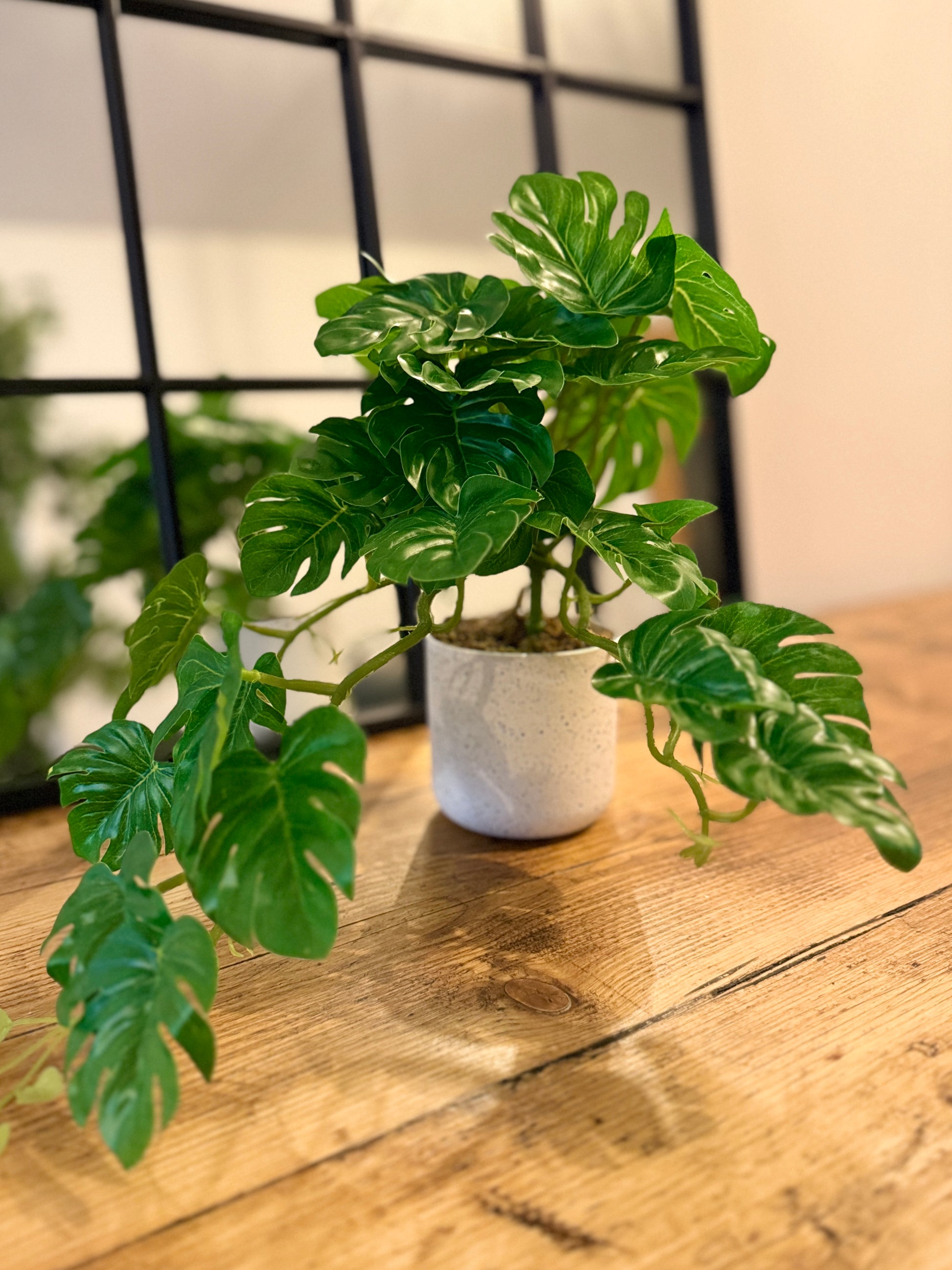 Front view of the Plantish artificial Little Monstera, featuring lush, deep green leaves and realistic stems, potted in a white decorative plastic pot.