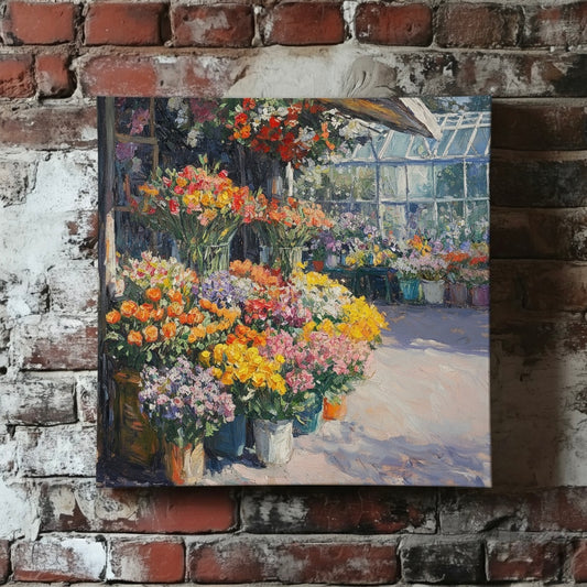 A vibrant and colourful oil style canvas of a flower market and greenhouse, mounted on a red brick wall