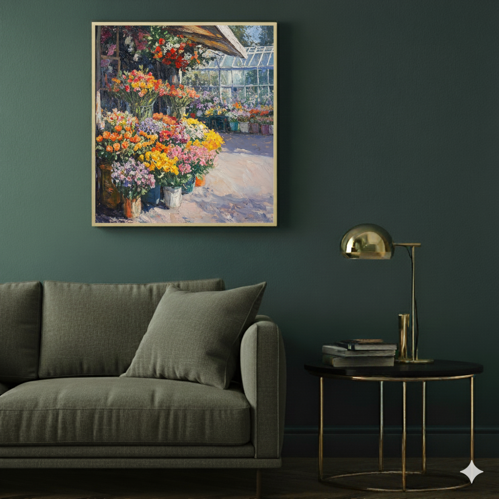 A vibrant and colourful oil style print of a flower market and greenhouse, in a moody modern living room