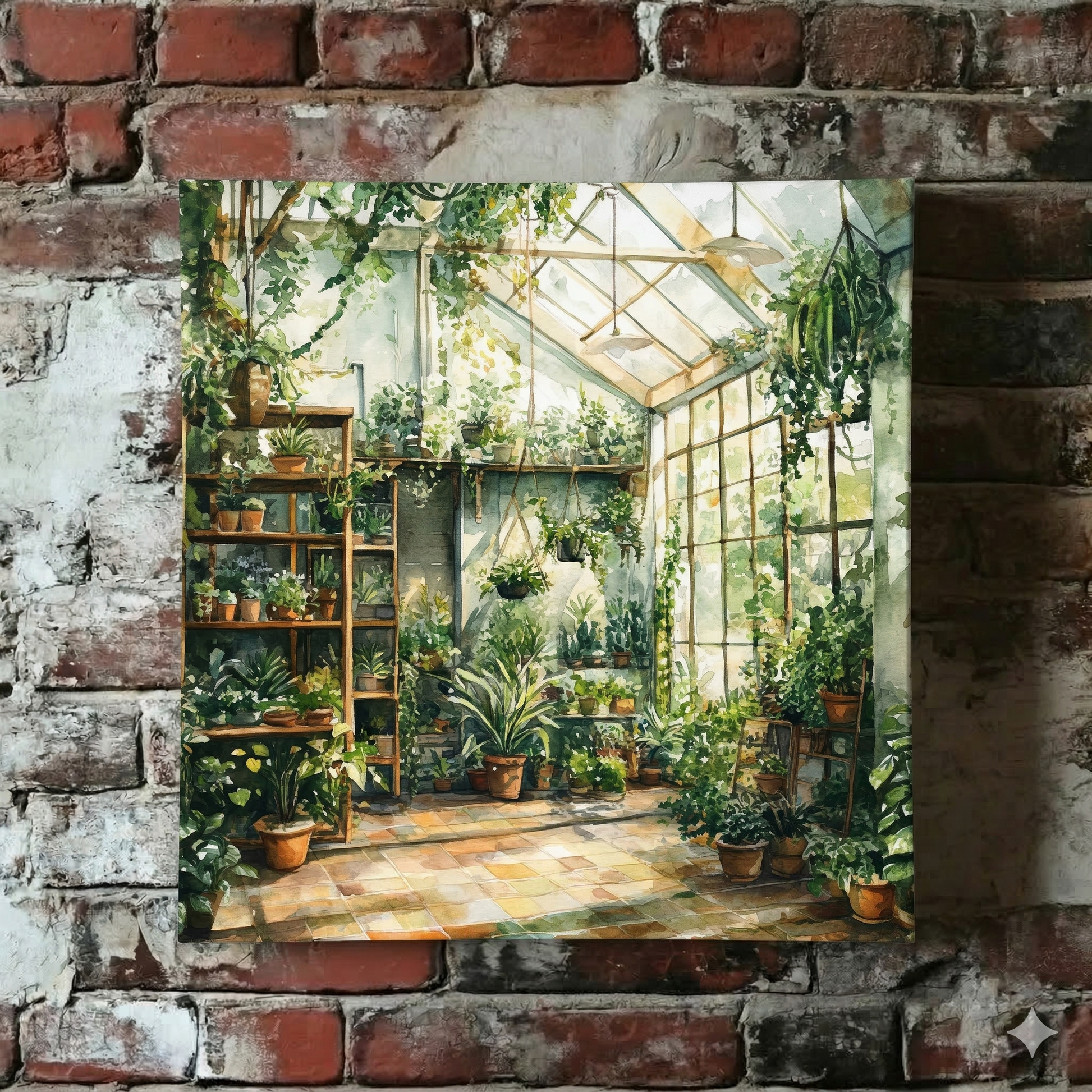 A Plantish canvas of a greenhouse being hit by morning sunlight and showing many green plants around the room, hanging on a red brick wall.